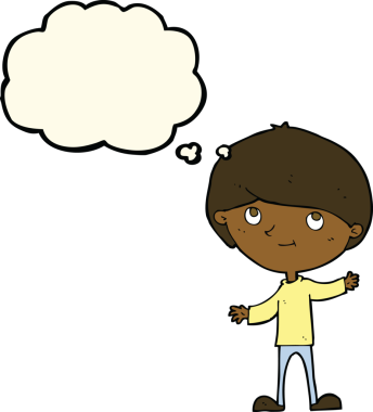 Bir insan tarafından çizilmiş düşünce balonu olan mutlu çocuk çizgi filmi.