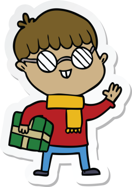 Bir insan tarafından çizilmiş gözlüklü bir çizgi film çocuğunun çıkartması.