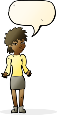 Bir insan tarafından çizilmiş konuşma baloncuğuyla omuz silken çizgi film kadını.