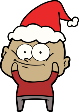 Bir insan tarafından çizilmiş Noel Baba şapkası giymiş kel bir adamın el çizimi.