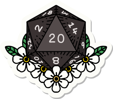 Bir insan tarafından çizilmiş 20 D20 zarının etiketi.