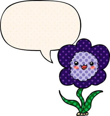 Bir insan tarafından çizilmiş çizgi roman tarzında konuşma baloncuğu olan karikatür çiçeği.