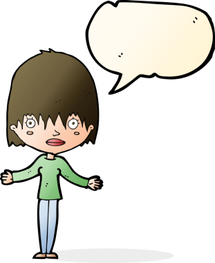 Bir insan tarafından çizilmiş konuşma baloncuğuyla omuz silken çizgi film kadını.