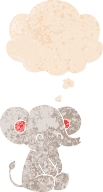 Homurdanan düşünce baloncuğu olan sevimli çizgi film fili bir insan tarafından çizilmiş dertli retro desenli.