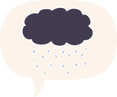 Bir insan tarafından çizilmiş eski tarz bir konuşma baloncuğuyla yağmur yağıyor.