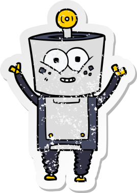 Mutlu çizgi film robotunun sıkıntılı çıkartması. Bir insan tarafından çizilmiş selam.