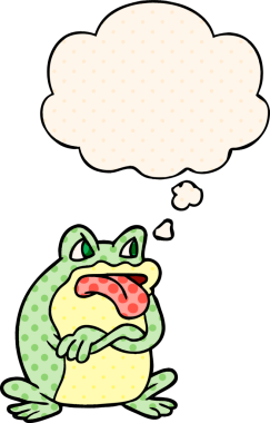 Bir insan tarafından çizilmiş çizgi roman tarzında düşünce baloncuğu olan huysuz çizgi film kurbağası.