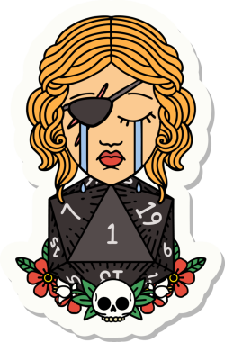 Ağlayan bir insan hırsızının çıkartması. Bir insan tarafından çizilmiş doğal bir D20 rulosu.