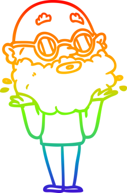 Gökkuşağı gradyan çizgi çizimi. Bir insan tarafından çizilmiş sakallı ve güneş gözlüklü meraklı bir adamın çizimi.