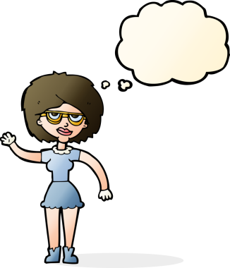 Bir insan tarafından çizilmiş düşünce balonlu gözlük takan çizgi film kadını.