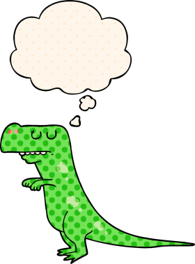 Çizgi roman tarzında bir insan tarafından çizilmiş düşünce baloncuklu bir dinozor.