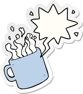 Bir insan tarafından çizilmiş konuşma balonu çıkartmalı bir fincan sıcak kahve.