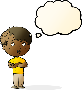 Kafasında bir insan tarafından çizilmiş düşünce balonuyla büyüyen çizgi film çocuğu.