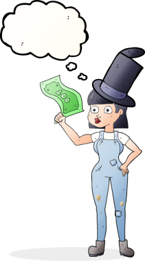 Serbest çizilmiş düşünce balonu karikatürü kadın bir insan tarafından çizilen paraya tutunuyor.