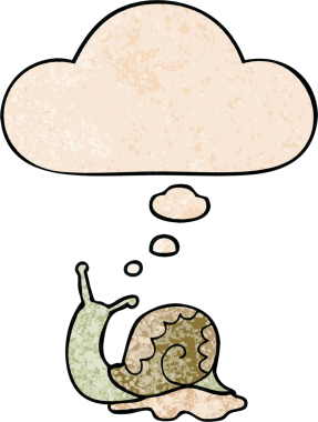 Düşünce baloncuklu çizgi film salyangozu bir insan tarafından çizilmiş grunge doku tarzı.