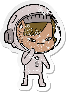 Bir insan tarafından çizilmiş karikatür astronot kadının sıkıntılı çıkartması.