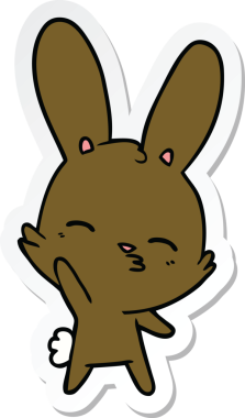 Bir insan tarafından çizilmiş meraklı, el sallayan tavşan çizgi filminin çıkartması.