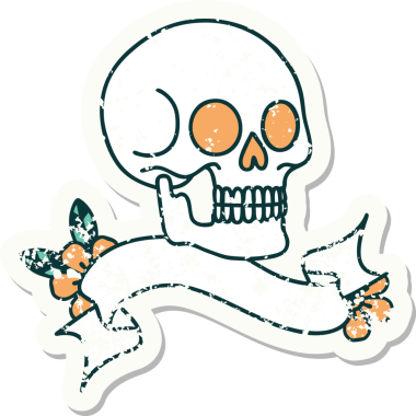 Bir insan tarafından çizilmiş kafatasının pankartıyla eski bir etiket.