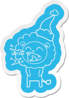 Bir insan tarafından çizilmiş Noel Baba şapkası giyen kükreyen bir aslanın garip çizgi film çıkartması.