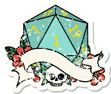 Bir insan tarafından çizilmiş doğal bir d20 zarının grunge çıkartması.