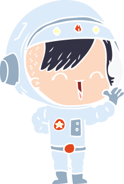 Düz renkli çizgi film mutlu astronot kız bir insan tarafından çiziliyor.