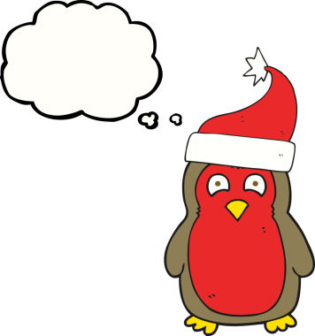 Bir insan tarafından çizilmiş Noel şapkası takan serbest çizim baloncuk karikatür robin.