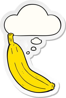 Düşünce baloncuklu çizgi film muzu insan tarafından çizilmiş bir çıkartma.