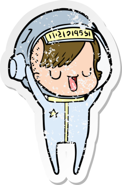 Bir insan tarafından çizilmiş karikatür astronot kadının sıkıntılı çıkartması.