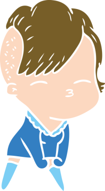 Düz renkli çizgi film çizen kız bir insan tarafından çizilmiş.