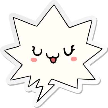 Bir insan tarafından çizilmiş konuşma kabarcığı çıkartmalı sevimli mutlu çizgi film yüzü.