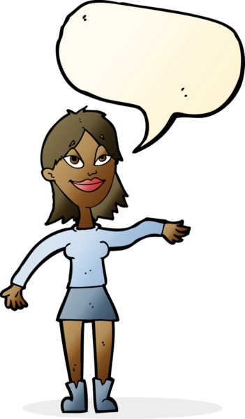 Bir insan tarafından çizilmiş konuşma baloncuğuyla el hareketi yapan çizgi film kadını.