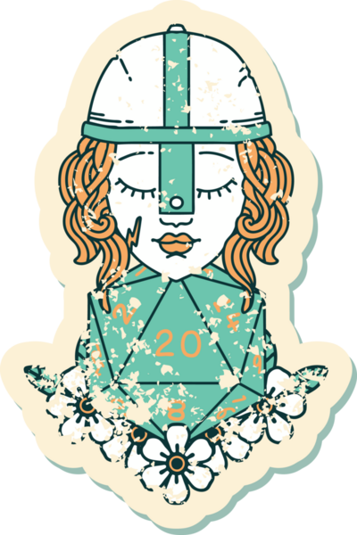 Bir insan dövüşçüsünün grunge sticker 'ı. Bir insan tarafından çizilmiş 20 D20 zarlı.