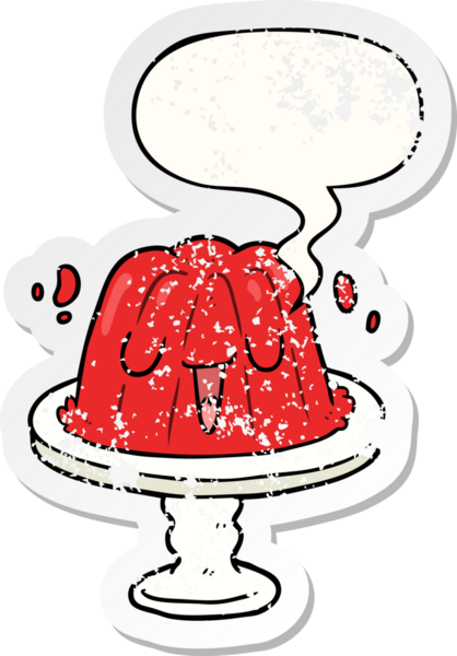 Tabaktaki karikatür jölesi konuşma baloncuğuyla sendeliyor. Bir insan tarafından çizilmiş sıkıntılı eski bir çıkartma.