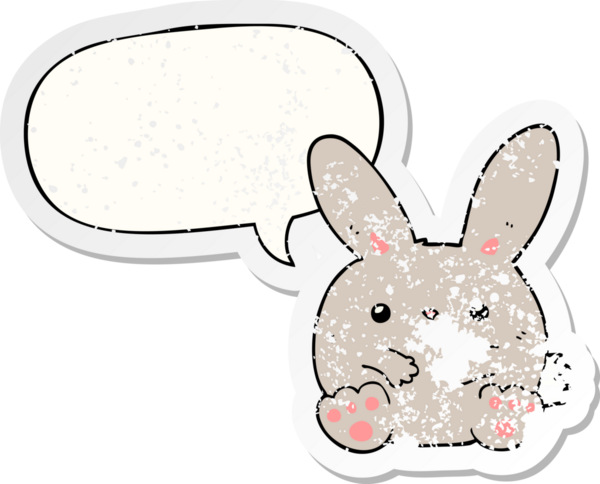 Konuşma baloncuğu olan çizgi film tavşanı bir insan tarafından çizilmiş sıkıntılı eski bir çıkartma