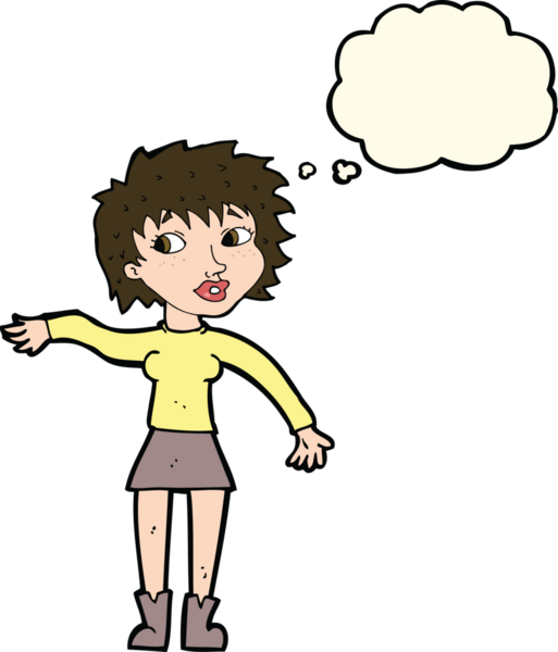 Karikatür dostu kadın bir insan tarafından çizilmiş düşünce balonuyla el sallıyor.