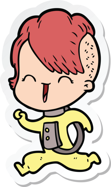 Bir insan tarafından çizilmiş uzay giysisi giyen mutlu hipster kız çizgi filminin çıkartması.