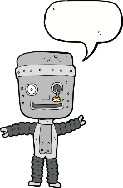 Bir insan tarafından çizilmiş konuşma balonlu komik robot.