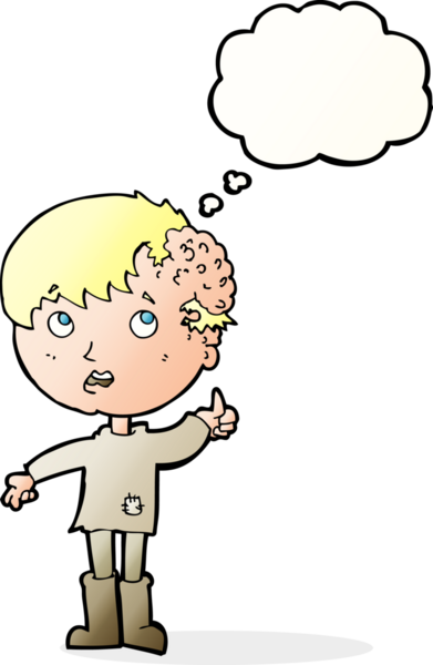 Kafasında bir insan tarafından çizilmiş düşünce balonuyla büyüyen çizgi film çocuğu.