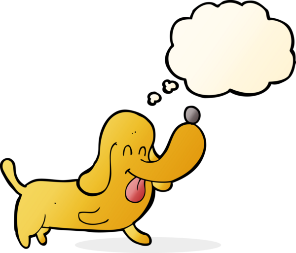Bir insan tarafından çizilmiş düşünce balonlu mutlu bir köpek.