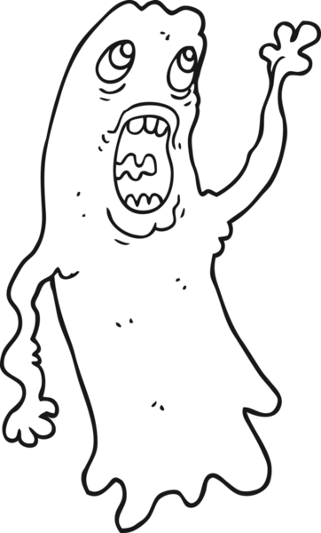 Bir insan tarafından çizilmiş siyah beyaz çizgi film hayaleti.