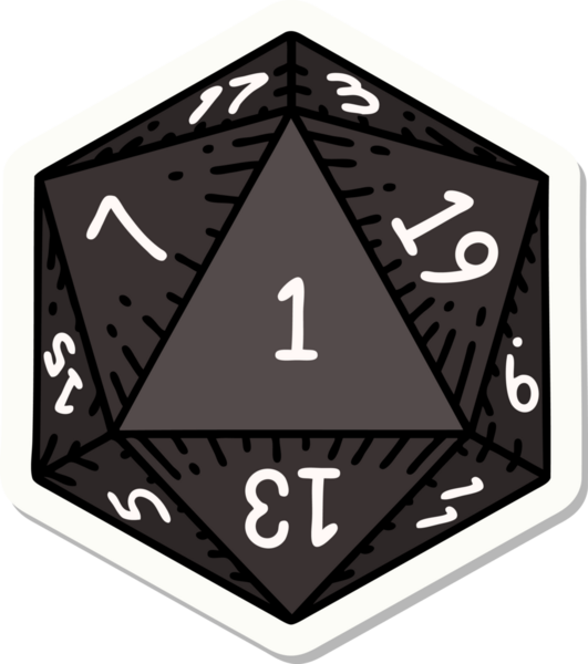Bir insan tarafından çizilmiş doğal 1 D20 zar etiketi.