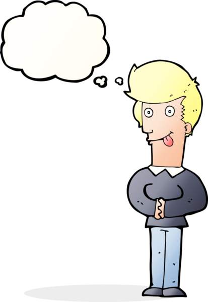 Bir insan tarafından çizilmiş düşünce baloncuğuyla dilini dışarı çıkaran çizgi film adamı.