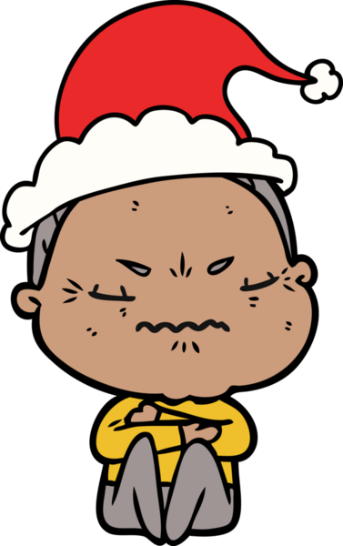 Bir insan tarafından çizilmiş Noel Baba şapkası giyen sinirli yaşlı bir kadının el çizimi.