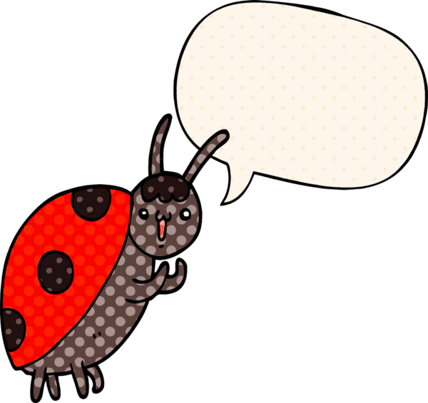 Bir insan tarafından çizilmiş çizgi roman tarzında konuşma balonu olan sevimli bir uğur böceği.