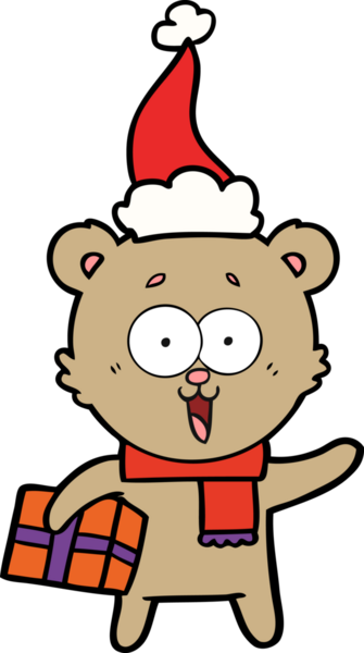 Bir insan tarafından çizilmiş Noel Baba şapkasıyla gülen oyuncak ayı.