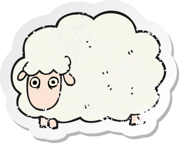 Bir insan tarafından çizilmiş osuruklu koyun çizgi filminin kederli retro yapıştırması.