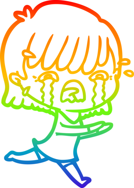 Gökkuşağı gradyan çizimi bir insan tarafından çizilmiş ağlayan bir çizgi kız çizimi