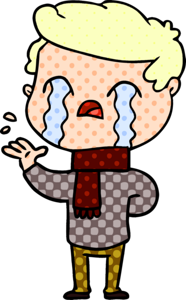 Bir insan tarafından çizilmiş kış eşarbı takmış ağlayan çizgi film adamı.