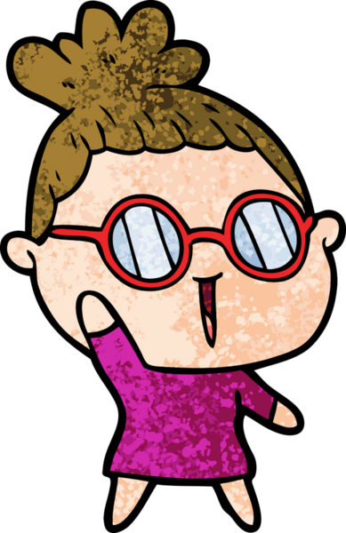Bir insan tarafından çizilmiş gözlüklü bir karikatür kadın.