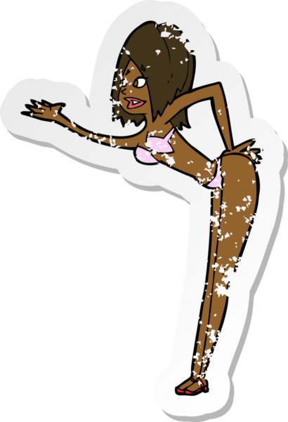 Bir insan tarafından çizilmiş bikinili bir karikatür kadının gerilmiş çıkartması.